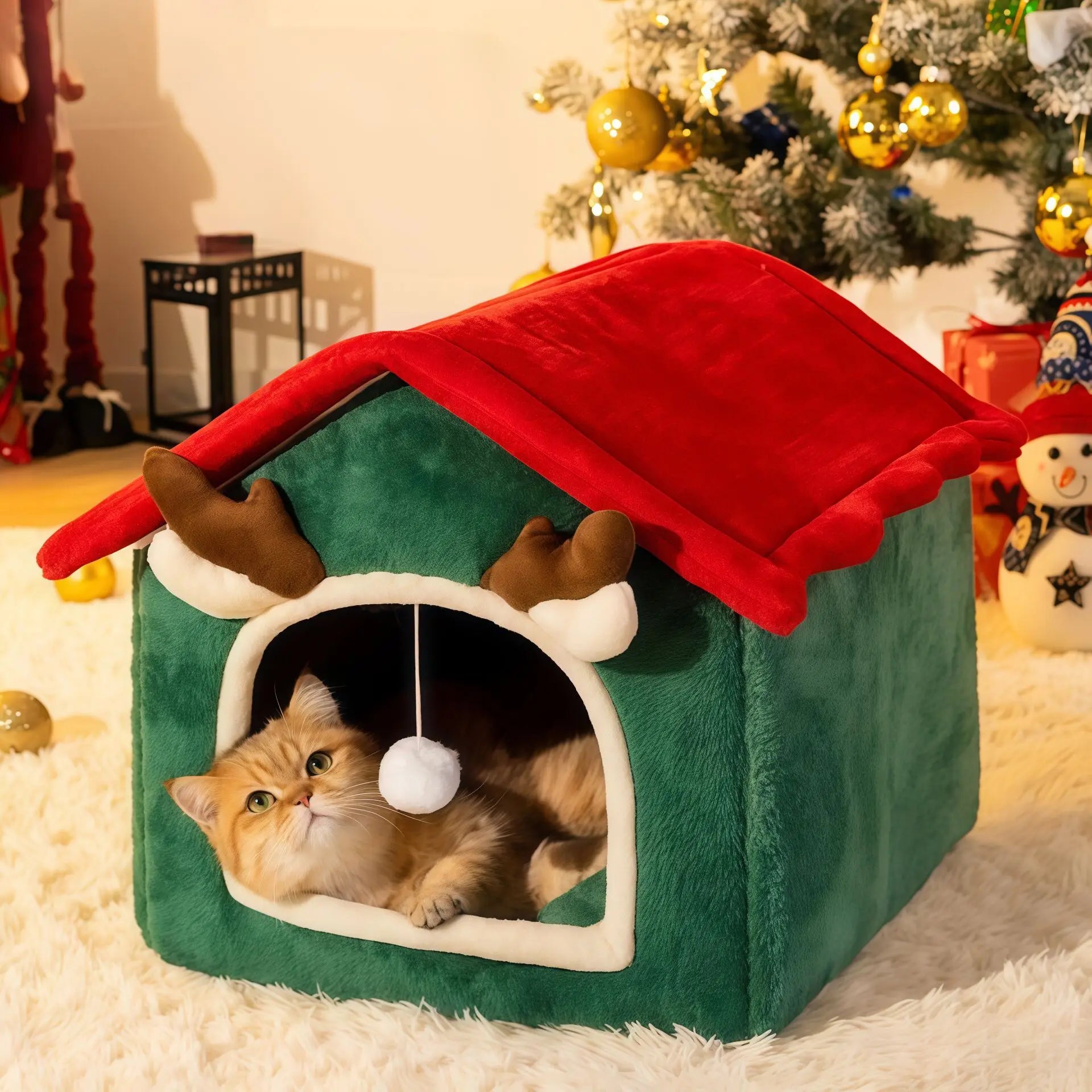 Luxury Christmas Pet Bed - Soft Plush Enclosed House for Cats & Dogs