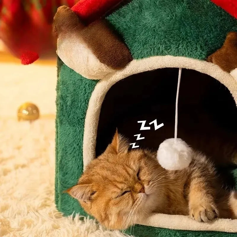 Luxury Christmas Pet Bed - Soft Plush Enclosed House for Cats & Dogs
