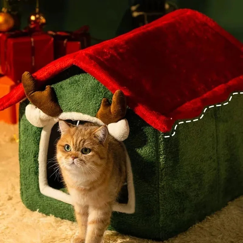 Luxury Christmas Pet Bed - Soft Plush Enclosed House for Cats & Dogs