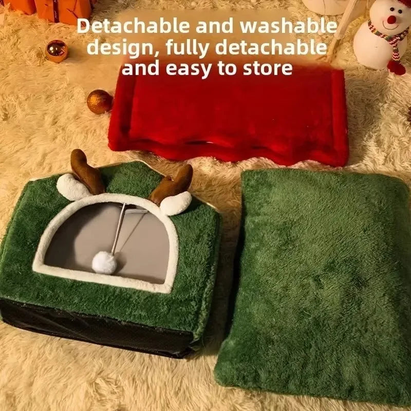 Luxury Christmas Pet Bed - Soft Plush Enclosed House for Cats & Dogs