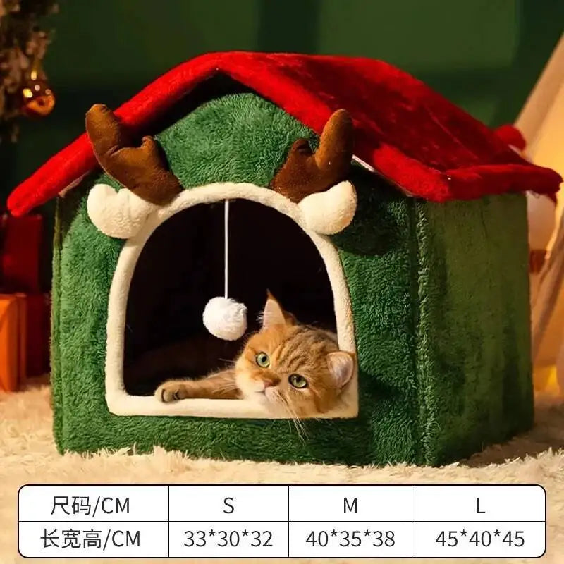 Luxury Christmas Pet Bed - Soft Plush Enclosed House for Cats & Dogs
